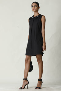 Embroided Collar Black Shift Dress