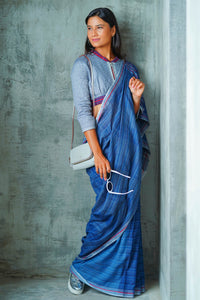 Urban Drape Stone Indigo Denim Handwoven Saree
