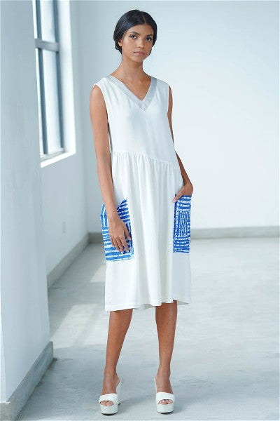 Asymmetric Waist, White Motif Midi Dress