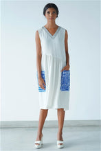 Load image into Gallery viewer, Asymmetric Waist, White Motif Midi Dress
