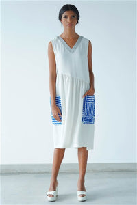 Asymmetric Waist, White Motif Midi Dress