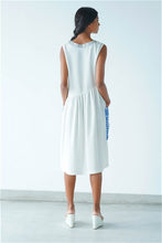 Load image into Gallery viewer, Asymmetric Waist, White Motif Midi Dress
