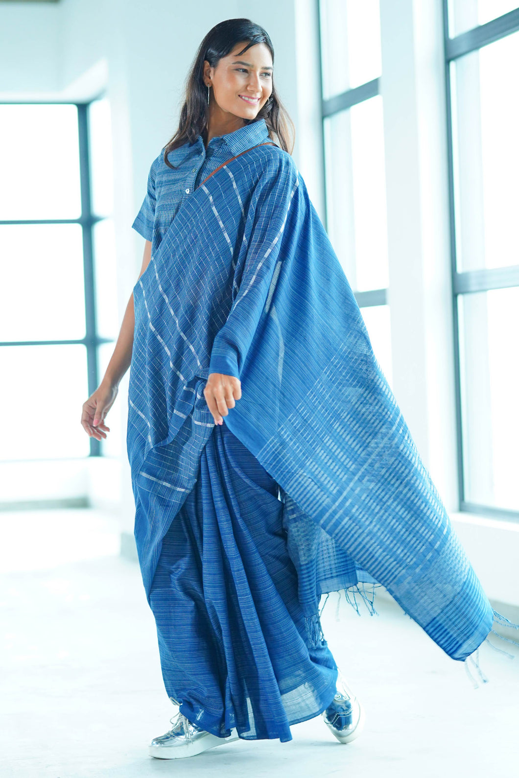 Urban Drape Ribbed Indigo Denim Saree