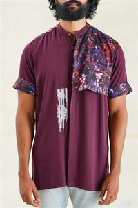 Band-Collar Abstract Floral Shirt