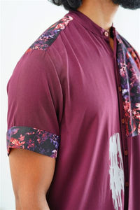 Band-Collar Abstract Floral Shirt