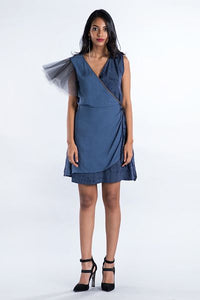 Tulle Sleeve Gray Wrap Dress - Fashion Market.LK