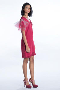 Tulle Sleeve Maroon Wrap Dress - Fashion Market.LK
