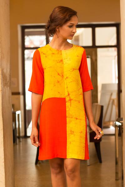 Yellow block batik shift dress - Fashion Market.LK