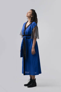 Kalu Wrap Dress - Navy Blue Linen Colour Block
